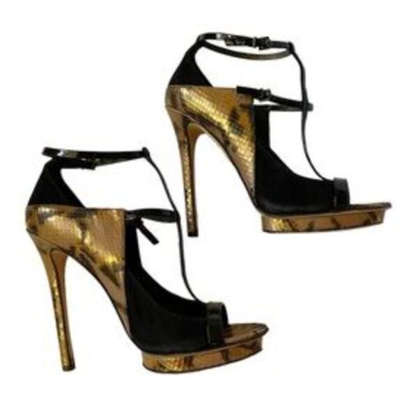 BRIAN ATWOOD Animal Print Reptile Gold Campisa T Strap Platform Sandal Heels 6.5 - Picture 1 of 9